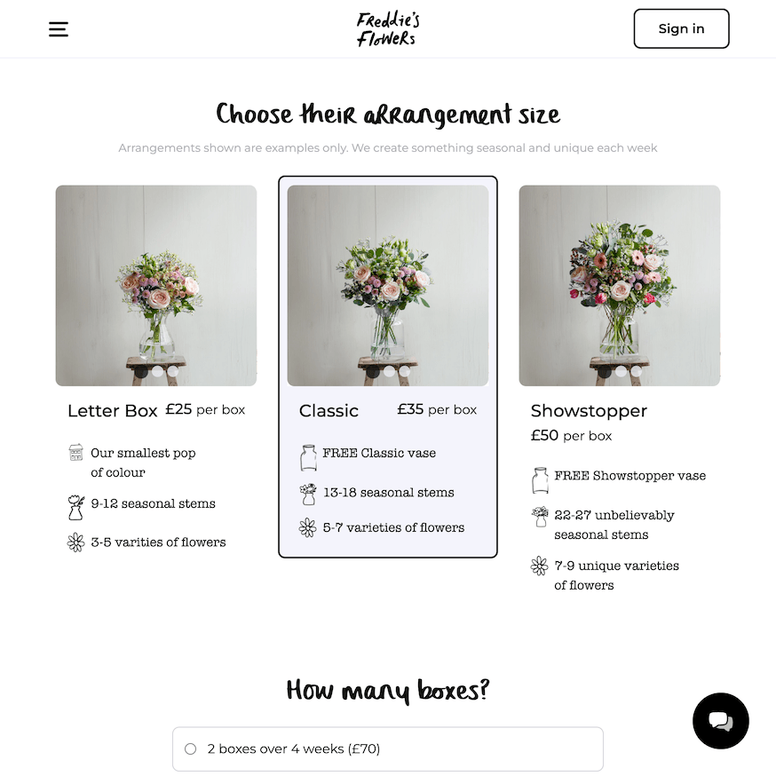 Screenshot of the gift selection page of the Freddie's Flowers website