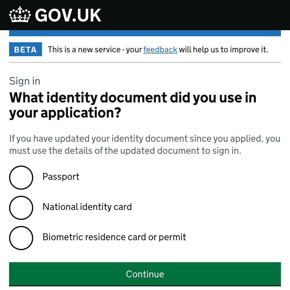 Screenshot of the EU Settlement Scheme login page